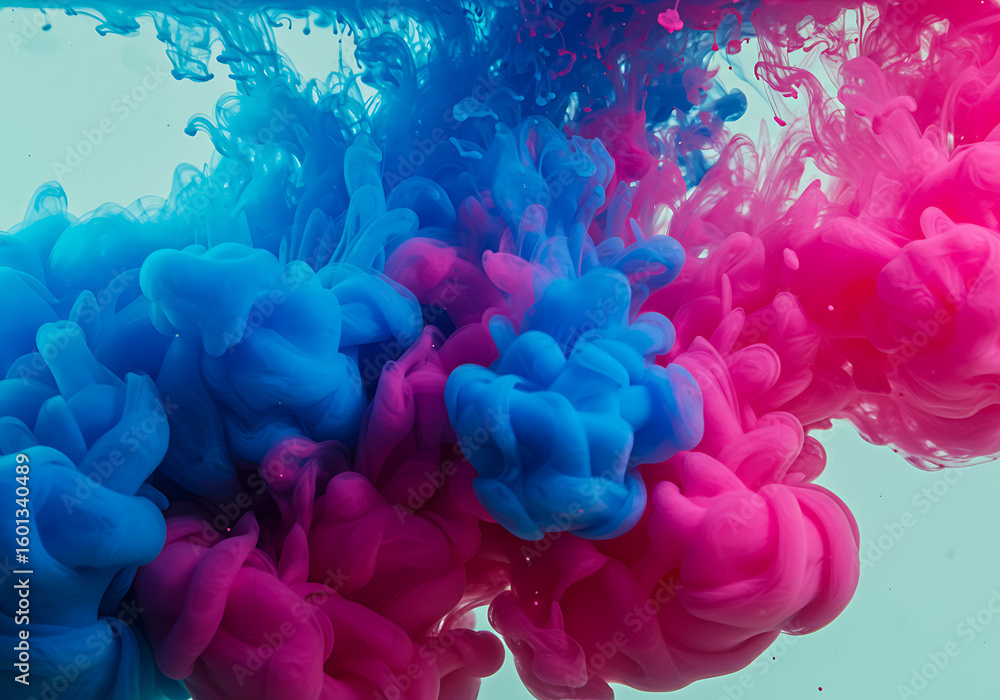 Poster abstract image of blue and pink ink swirling together creating a vibrant and colorful display of mot