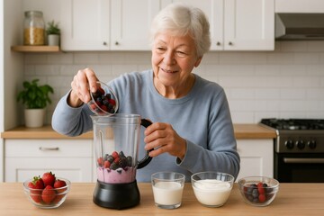 Elderly woman blending fresh berries, milk, and yogurt to create a nutritious smoothie in a modern kitchen setting, emphasizing healthy living