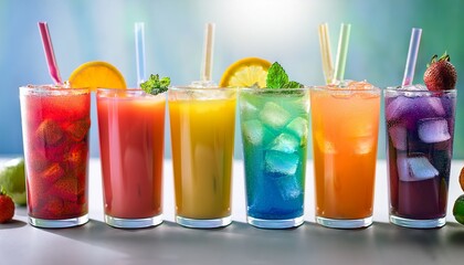 Fototapeta premium a row of colorful drinks with ice cubes in them the drinks are in different colors and sizes and they are arranged in a row the drinks are likely to be fruit juices or smoothies