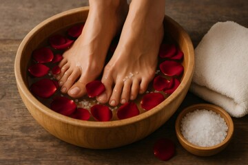 Woman enjoying a soothing foot soak with fragrant rose petals and bath salts, embracing tranquility in a luxurious home spa setting