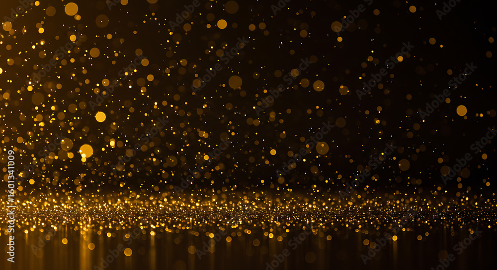 Poster a glittering cascade of golden particles falling against a dark background with a reflective surface