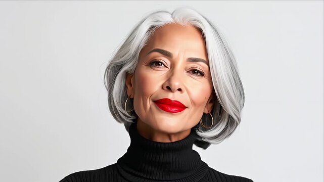 Elegant mature woman with silver hair, red lips, black top, plain background
