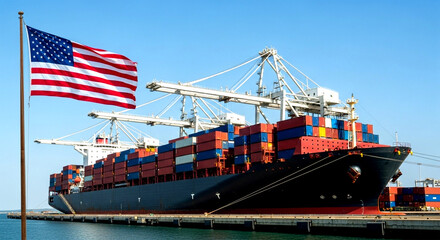 Cargo ship docked at port with american flag waving in the wind on a clear sunny day at the harbor