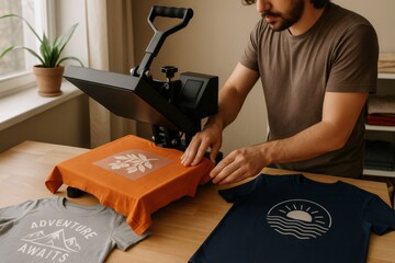 Concentrated male entrepreneur using heat press machine to print custom design on t shirt in his workshop