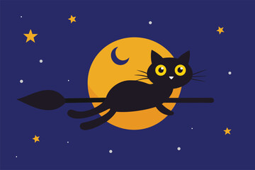 classic halloween vector with cat on a broomstick vector background