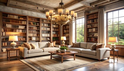 Elegant Living Room with Bookshelves and Natural Light