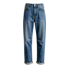Fashion forward high waisted blue jeans with a trendy faded texture and rolled cuffs perfect for a stylish and casual look