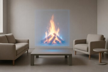 Holographic fireplace providing a cozy atmosphere in a contemporary living room featuring minimalist furniture and design