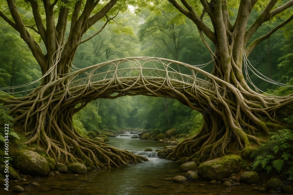 Poster roots forming a bridge over a river flowing through a green forest, creating a magical and enchantin