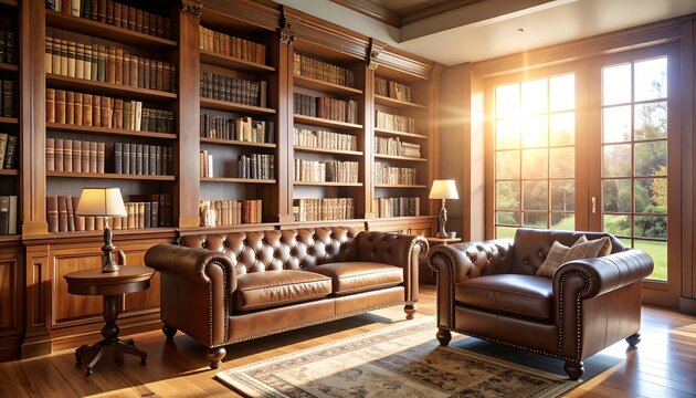 Elegant Room with Bookshelves, Leather Sofa, and Sunny Window - Powered by Adobe