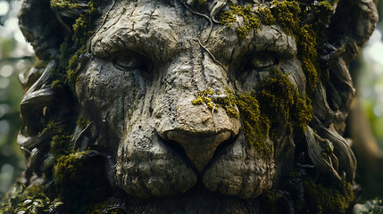 A detailed close-up of a stone-carved lion's face with moss covering parts of the surface