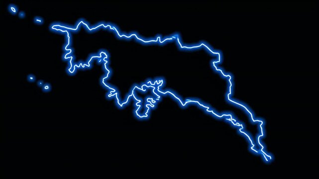 Glowing blue outline of a landmass with islands, on a black background
