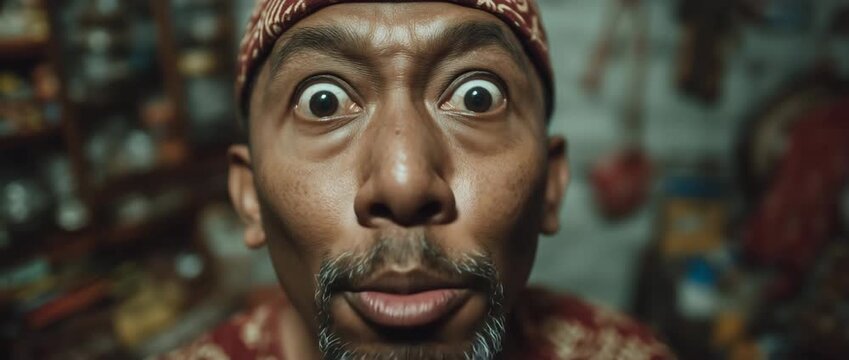 A vibrant portrayal of surprise and chaos, capturing a man's astonished expression as a traditional Jakarta home transforms into a bustling marketplace. The mood is lively and dynamic.