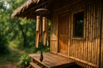Bamboo wind chimes hanging on the porch of a small bamboo hut in a tropical forest, creating a peaceful and relaxing atmosphere