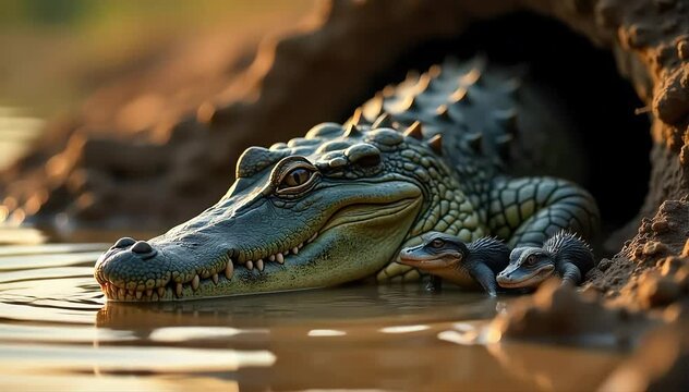 Crocodile guarding hatchlings near nest