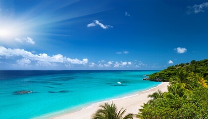Fototapeta premium tropical beach with turquoise water and green trees under bright sunlight
