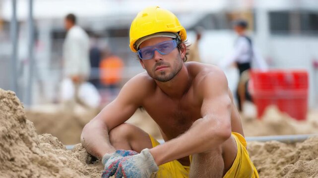 Construction worker resting on site: focused and intense amidst active building environment