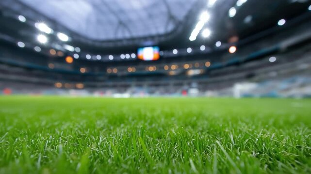 Dynamic focus shift on lush green soccer field under indoor stadium lights