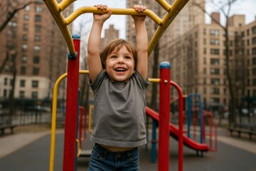 Fototapeta premium Smiling preschooler enjoying playtime, happily swinging from the monkey bars at a vibrant, colorful playground filled with joy