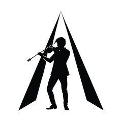 Musician playing violin between abstract shapes silhouette