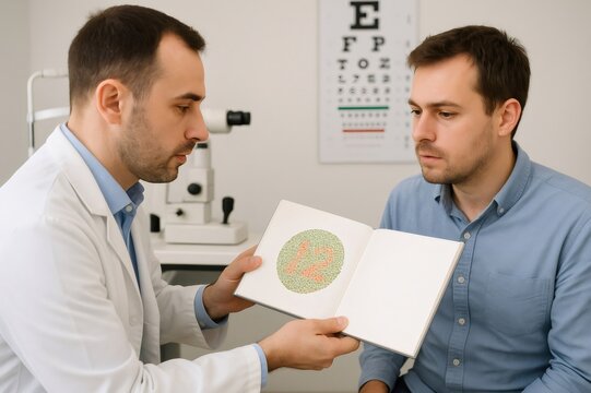 Ophthalmologist showing ishihara test booklet to patient during color blindness exam in medical office with eyesight test chart in background