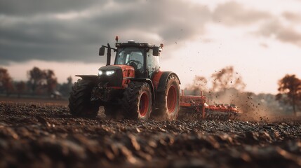 Fototapeta premium Tractor Drilling and Seeding Crops in Farm Field.
