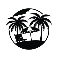 Tropical beach scene with palm trees and chair silhouette