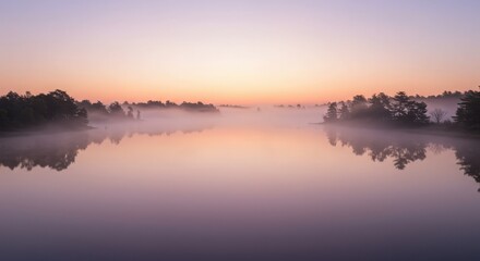 Serene Misty Lake at Dawn with Soft Pastel Colors and Reflection