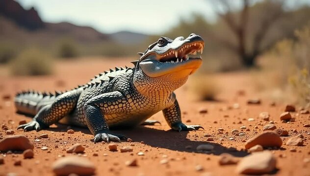 Crocodile monitor roaring with a loud hiss