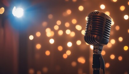 Microphone with bokeh light background, Stand up comedy show, Karaoke or singing contest, Background for poster design, Open mic and jokes show	