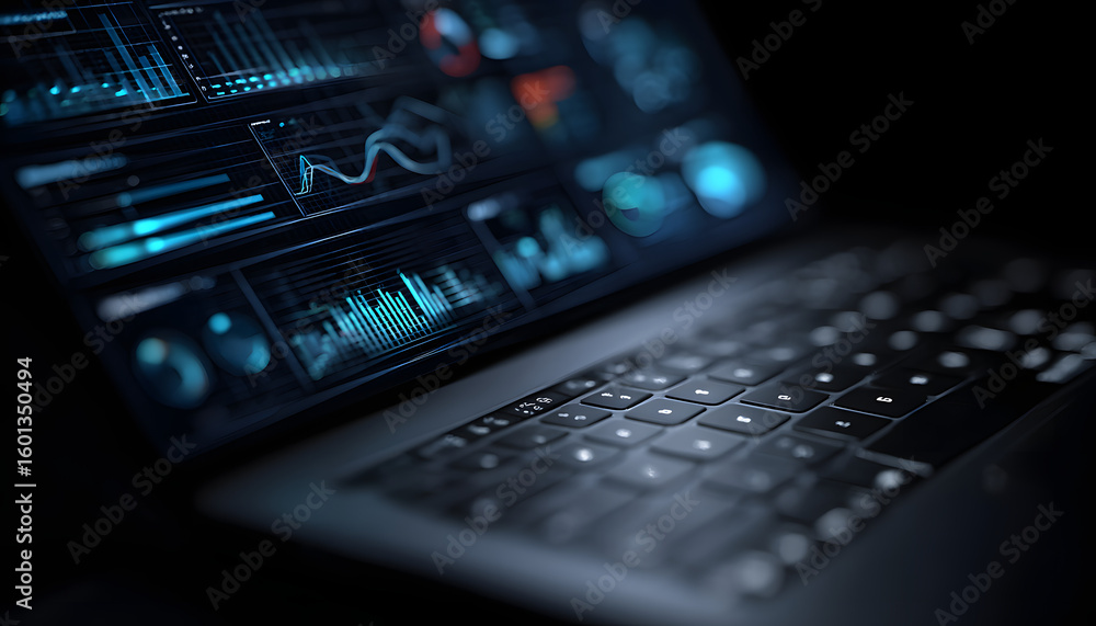 Poster high-tech concept showcasing data analysis and development through an advanced laptop interface