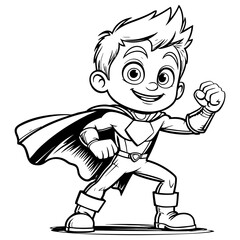 Fototapeta premium Cute little superhero boy standing in heroic pose with cape and gloves
