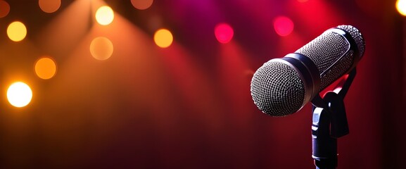 Microphone with bokeh light background, Stand up comedy show, Karaoke or singing contest, Background for poster design, Open mic and jokes show	