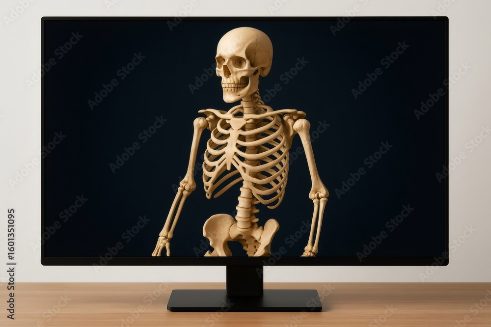 Poster realistic 3d rendering of human skeleton showing on a modern computer monitor placed on a wooden des