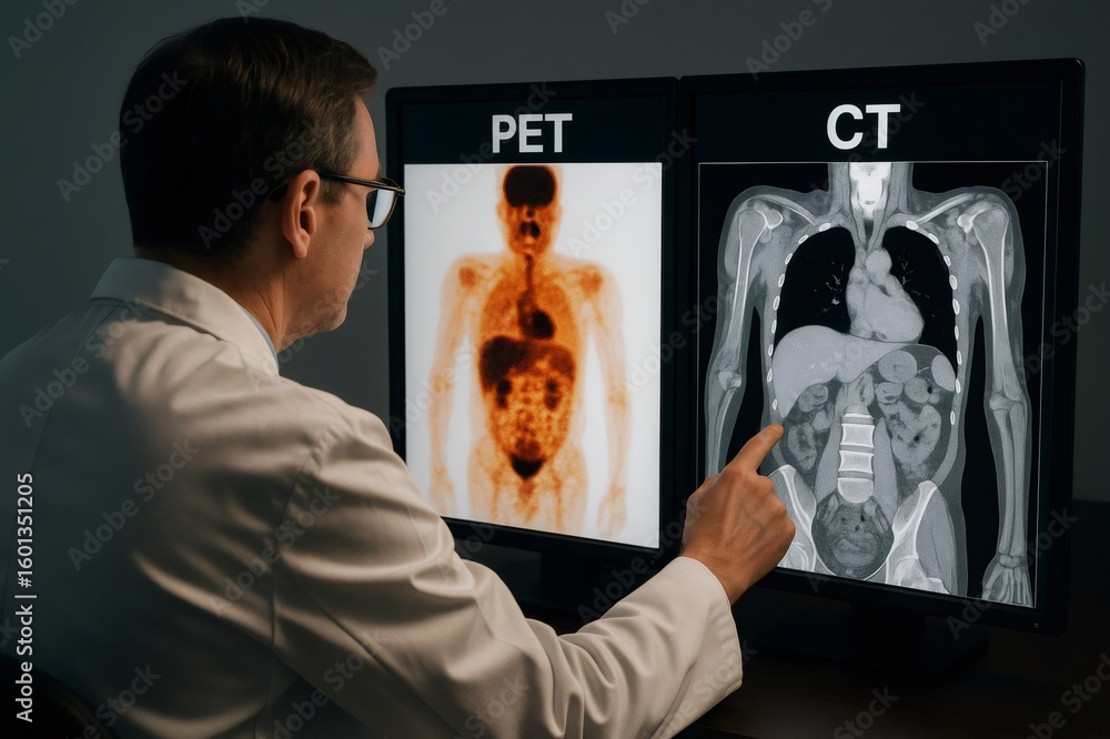 Aufkleber radiologist pointing at a ct scan on a monitor, comparing it with a pet scan on a dual screen setup,