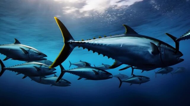 Majestic tuna school gliding gracefully under sunlit waves in crystal blue ocean