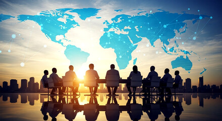 Obraz na płótnie Canvas Business team meeting with world map backdrop and city skyline silhouette at sunset reflection view