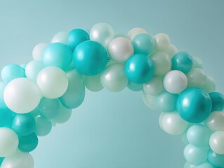 Fototapeta premium Festive balloon arch featuring turquoise, mint, and white balloons, perfect for celebratory occasions on transparent background