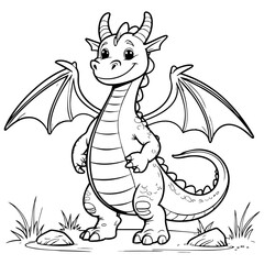 Happy Cartoon Dragon with Wings Standing in a Field