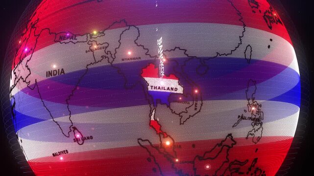 This image is a stylized digital map highlighting parts of Southeast Asia, with a special focus on Thailand, 3d rendering,