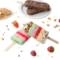 Delicious Layered Ice Pops: Gourmet Frozen Treats, Summer Dessert, Fruit Popsicles, Chocolate Ice Bars, Granola Topping, Refreshing Summer Snack