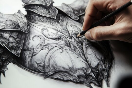 Close up of an artist's hand sketching intricate details of a dark fantasy armor, showcasing the creative process