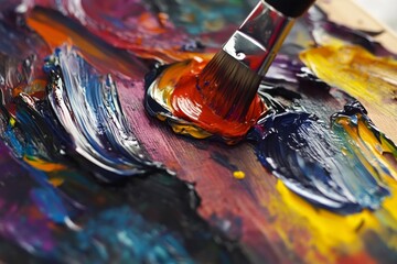 Fototapeta premium Close up of a paintbrush mixing vibrant acrylic colors on an artist's palette, showcasing the process of creating art