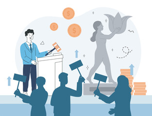 Auction scene with statue bidding concept. Vector illustration