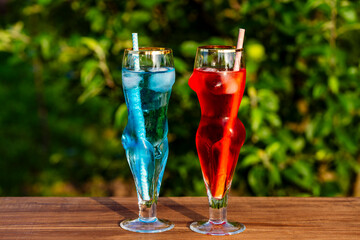 Two artistic glasses shaped like a nude woman and man filled with red and blue alcoholic cocktails...