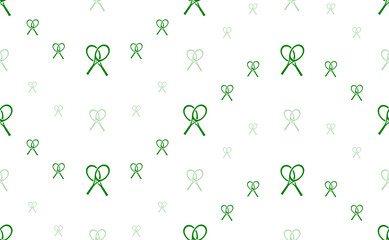 Seamless pattern of large and small green crossed tennis rackets symbols. The elements are arranged in a wavy. Illustration on light green background
