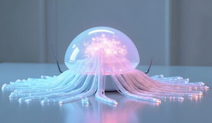 3D plastic icon of a futuristic jellyfish-shaped Wi-Fi router with glowing fiber-optic tentacles emitting wireless signals
