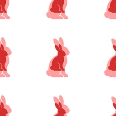 Seamless pattern of large isolated red rabbit symbols. The elements are evenly spaced. Illustration on light red background