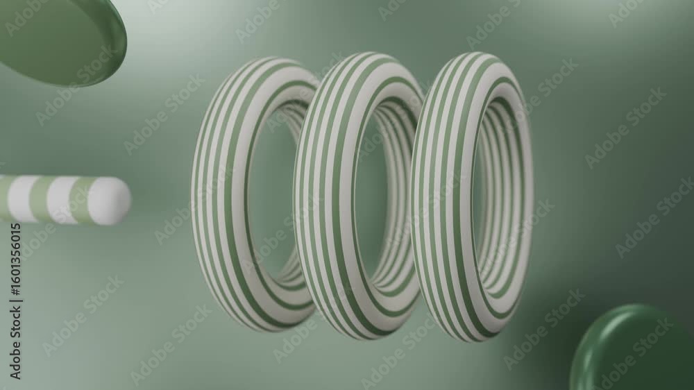 Wall mural abstract 3d three striped green rings and a cylinder float on a green background. abstract video loo