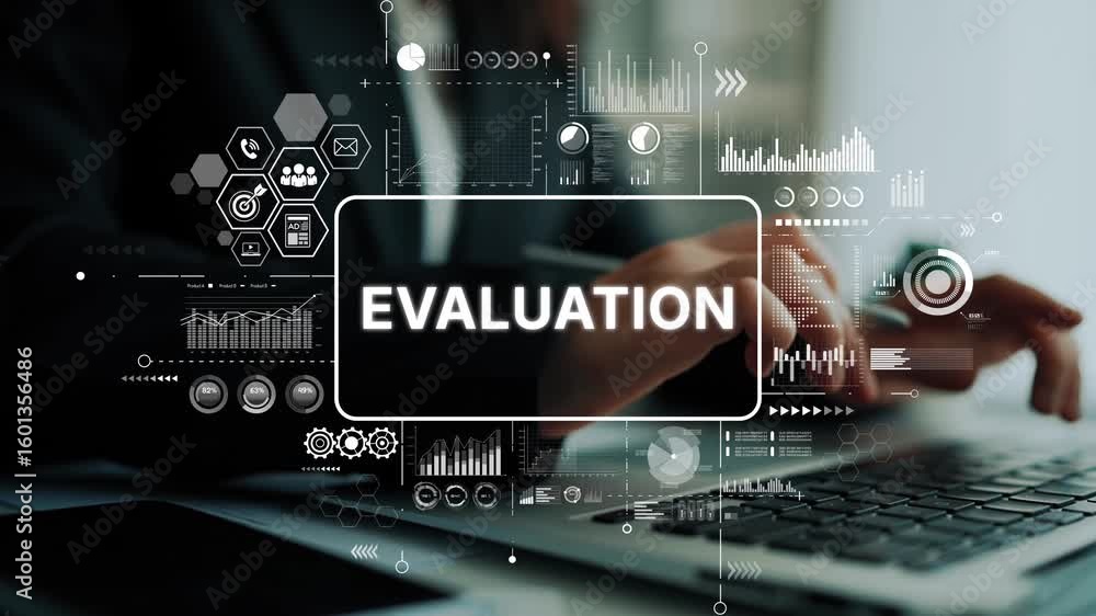 Poster businesswoman performing evaluation with data analysis and graphs for decision making in modern offi